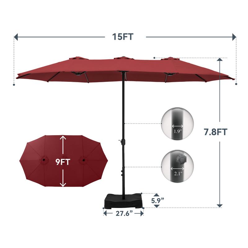 [Ambiente veraniego] Sombrilla de patio extragrande de 4,5 m con doble cara, base y luces LED - Estructura de acero grande, protección UV, base metálica incluida, manivela práctica