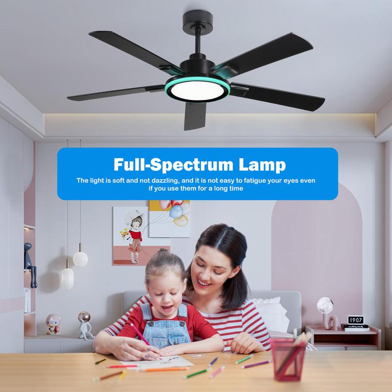 Ventilador de techo de 52" con luces, altavoz Bluetooth RGB, motor reversible de 6 velocidades, iluminación de espectro completo, luces ambientales Edge, soluciones de iluminación inteligente,