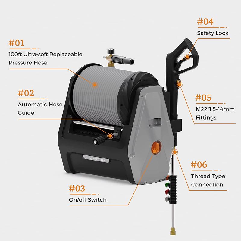 Hidrolavadora retráctil de pared Giraffe Tools Grandfalls Pro 2900 PSI 2.2 GPM para detallado, 2 veces menos ruido, manguera ultrasuave reemplazable de 30 metros (100 pies) extraíble, ecológica y reutilizable, 5 boquillas, diseño listo para usar, 2 años d