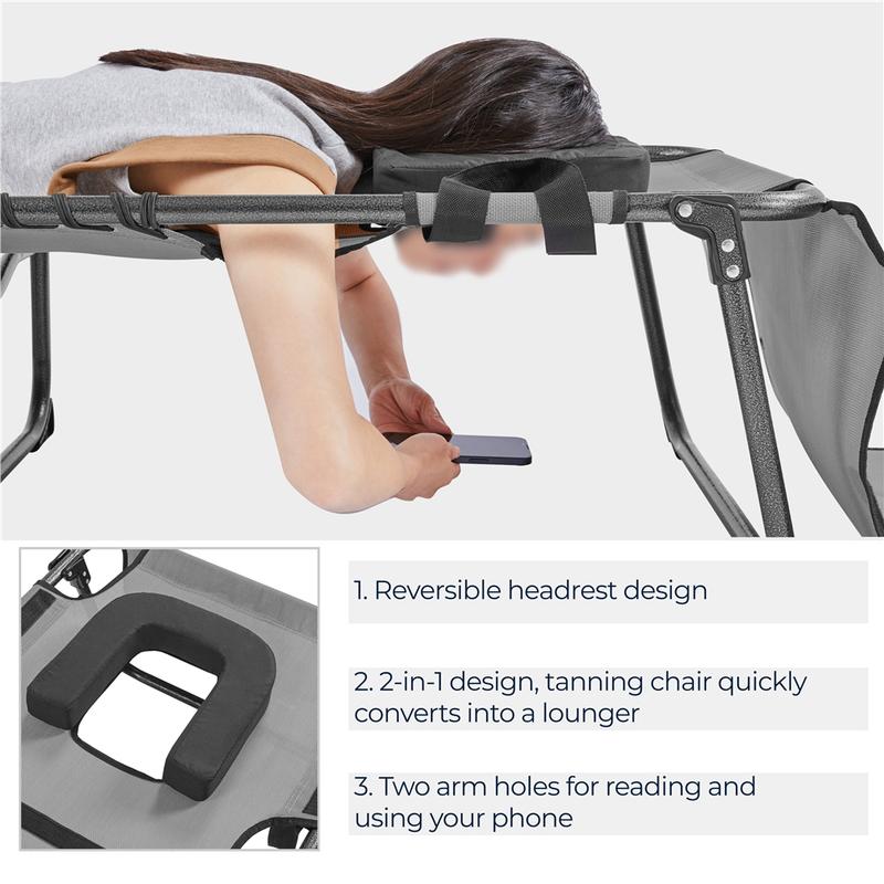 Silla plegable para tomar el sol en el patio, con orificio para la cara, tumbona reclinable ajustable en 5 posiciones, ranuras para los brazos, práctico espacio de almacenamiento para tomar el sol y broncearse la espalda.