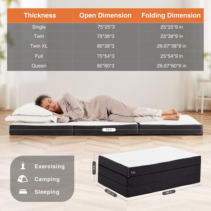 【Oferta】Colchón plegable Sweet Furniture, cubrecolchón de espuma viscoelástica plegable en tres partes para camping, cubrecolchón plegable con funda lavable