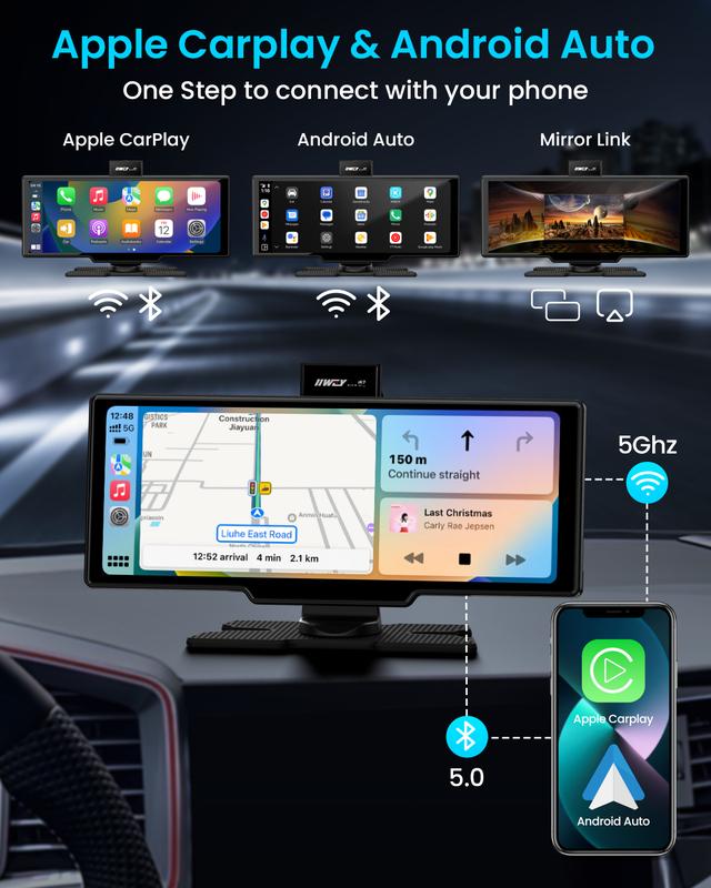 Autoestéreo portátil de 10 pulgadas con cámara de salpicadero 4K y cámara de marcha atrás 1080P – Apple CarPlay inalámbrico, Android Auto, 64 GB de almacenamiento, navegación GPS, control por voz, reproducción de música, Mirror Link, tarjeta de memoria in