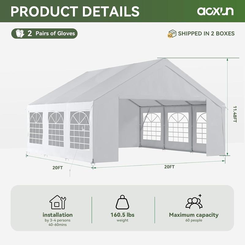 Carpa para fiestas y patio Aoxun con estructura de acero resistente - 9,75 x 5,98 m / 12,22 x 6,10 m, base robusta, material impermeable, paredes laterales desmontables, puerta de acceso enrollable, ideal para eventos, cumpleaños y bodas, color blanco (en