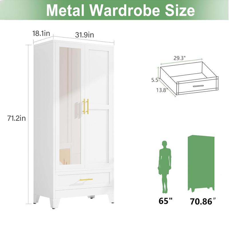 Armario metálico de 180 cm (71"), blanco, para dormitorio, con espejo, 1 cajón, estantes ajustables y barra para colgar ropa. Armario de acero independiente con espejo, ideal para dormitorio y habitación de invitados.