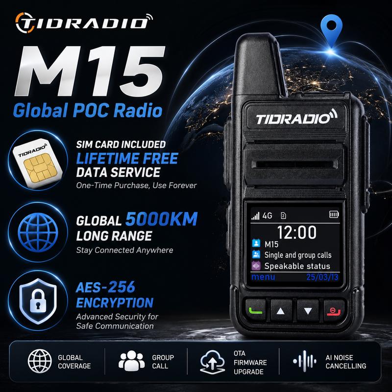 Radios portátiles TIDRADIO M15 con garantía de por vida, alcance de 8000 km, batería de 3000 mAh (72 horas de autonomía), cifrado AES256, función PTT, 999 canales, control mediante aplicación, ranura para tarjeta SIM para equipos y actividades al aire lib