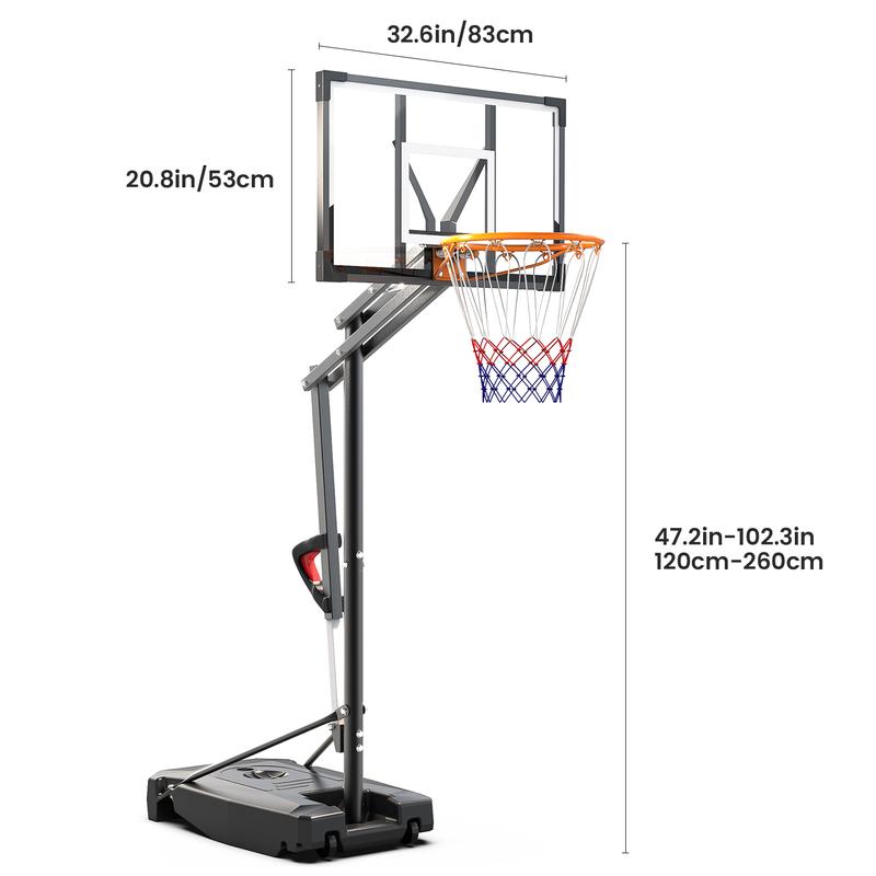 Sistema de aro de baloncesto portátil DAYAGO - Aro de 2,6 m (8,5 pies) de altura ajustable con tableros de 84 cm (33"), ruedas, ideal para entrenamiento infantil, entrada de vehículos y juegos en interiores/exteriores, adultos.