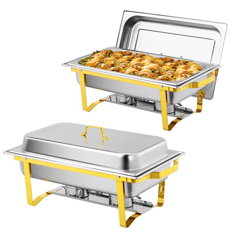 Paquetes de 2/4 calentadores de alimentos dorados para buffet, juego de calentadores de alimentos de alta calidad de 9 cuartos de galón, juegos de calentadores de alimentos rectangulares de acero inoxidable para fiestas, bodas y catering.