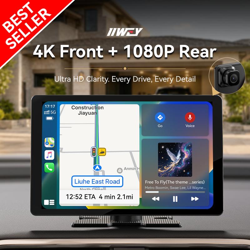 IIWEY iK11 Pantalla inalámbrica extragrande de 11 pulgadas con Apple CarPlay, pantalla táctil ultradelgada de 0,16 pulgadas con Android Auto, cámara de salpicadero 4K, cámara de marcha atrás 1080p, GPS Mirror Link, control por voz, estéreo para coche y re