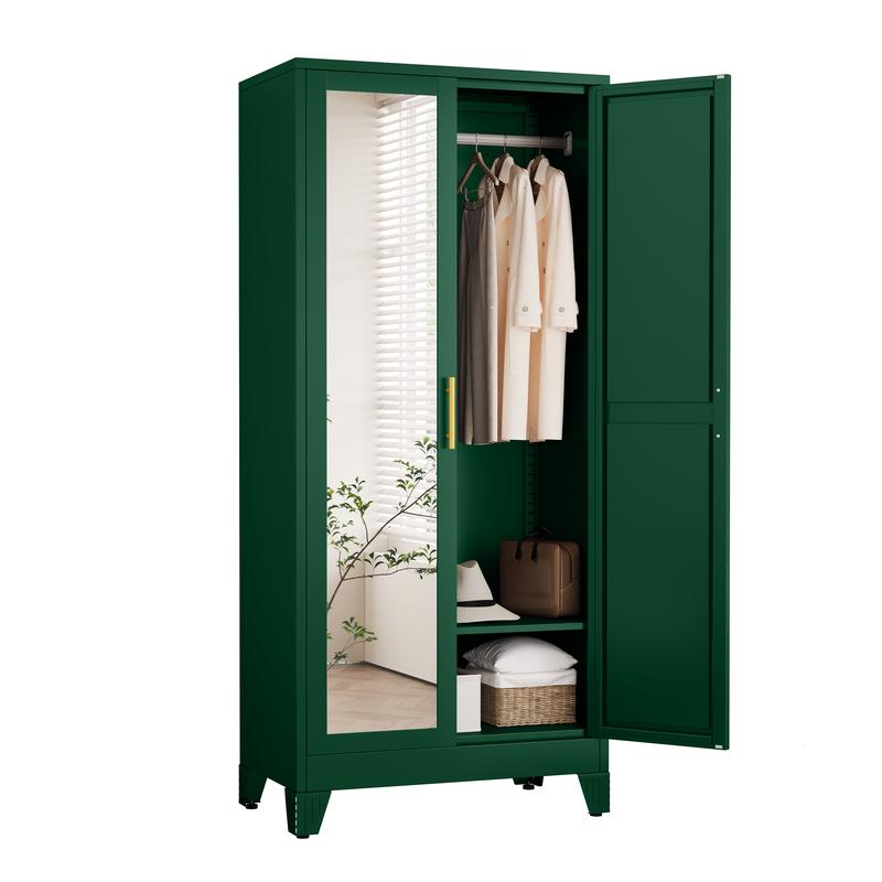 Armario metálico para ropa con espejo, armario de 180 cm con 2 puertas con espejo, estantes ajustables y barra para colgar ropa para dormitorio.