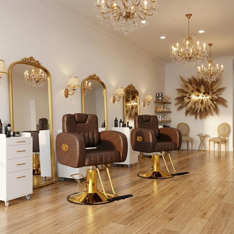 Silla de salón ergonómica dorada con cómodos cojines acolchados, silla de estilista resistente con estructura de acero, elegante silla de peluquería con tapicería de cuero, capacidad de peso de 200 kg (440 lbs).