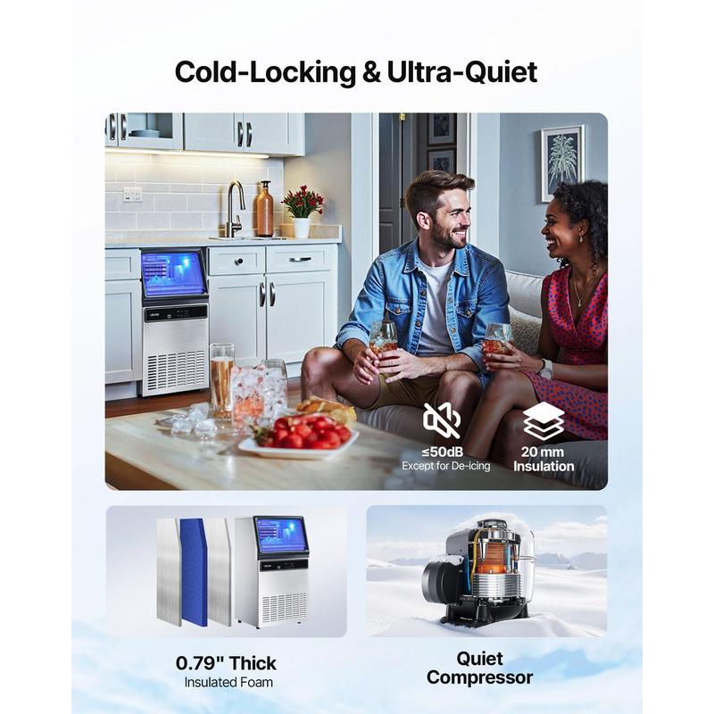 Máquina de hielo comercial, 130 libras/24 horas con almacenamiento de 33 libras, 45 cubitos por ciclo, de acero inoxidable, independiente o bajo mostrador, con pantalla LED y autolimpieza, para bar doméstico o restaurante.