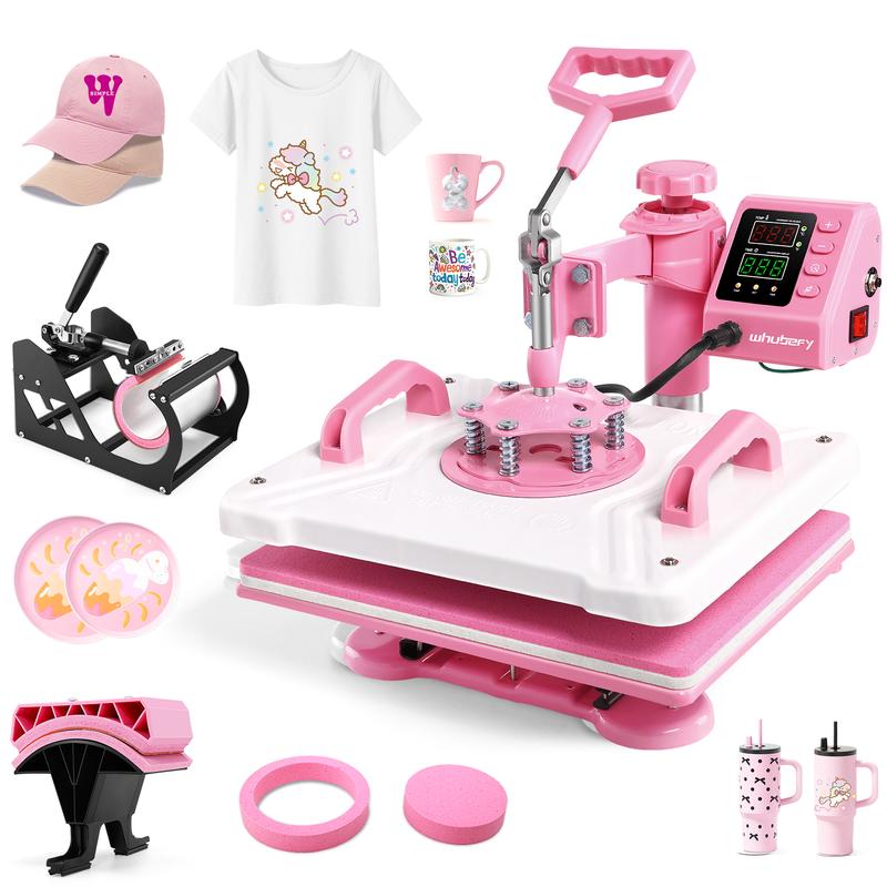 Máquina de prensado térmico rosa de 15''x12'' para camisetas, máquina de transferencia térmica 5 en 1, prensa de impresión térmica para sublimación combinada con giro de 360° para gorras, tazas y platos, fácil de usar para principiantes, diseño de regalos