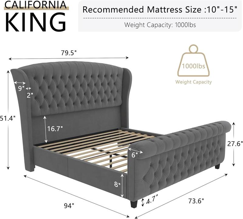 Estructura de cama tipo plataforma AMERLIFE, cama trineo tapizada en terciopelo con cabecero y piecero con alas curvas / No requiere somier / Regalo de Navidad / Las mejores ideas para regalos
