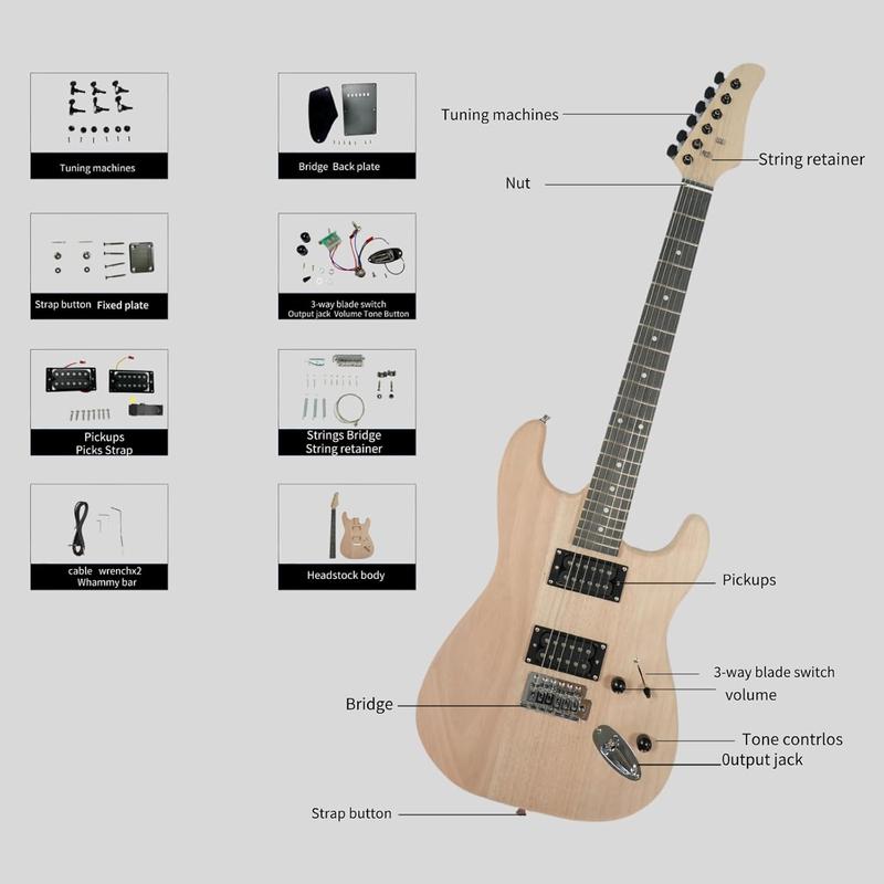 Kit de guitarra eléctrica Glarry DIY con púas - 6 cuerdas, cuerpo de madera de caoba, mástil de arce, ideal para principiantes, todos los componentes incluidos (IVA incluido), cuerdas de guitarra tiktokshopbacktoschool