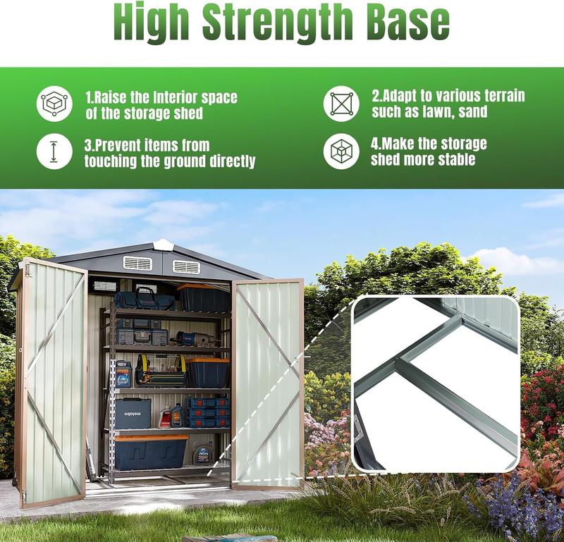 Caseta de almacenamiento Aoxun de 10x8/10x12 con armario auxiliar de jardín de acero básico para exteriores - Base de estructura metálica, puerta con cerradura, resistente a la humedad y al óxido, sin suelo incluido - Ideal para organizar el almacenamient