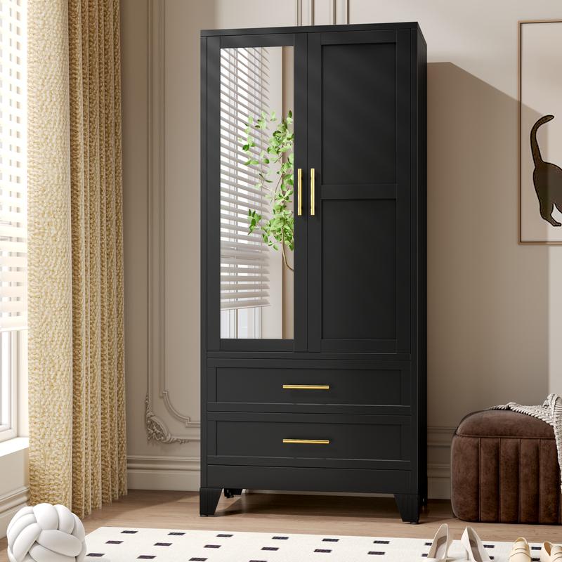 Armario de metal para dormitorio de 71 pulgadas de alto con espejo, 2 cajones, estantes ajustables y barra para colgar, armarios de acero para ropa y almacenamiento para dormitorio
