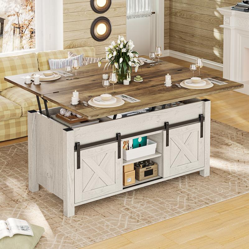Mesa de centro Sedeta 4 en 1 multifuncional con tapa elevable - Muebles de sala de estar de estilo rústico en roble envejecido, mesa de comedor convertible con diseño plegable, puertas corredizas, almacenamiento y compartimento oculto, mesas de comedor co