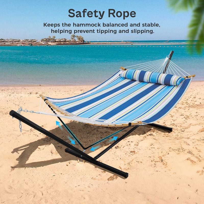 Hamaca doble portátil SUPERJARE de tela ajustable a rayas con soporte, hamaca acolchada de algodón y poliéster de alta resistencia de hasta 204 kg (450 lbs), almohada desmontable, barra curva resistente, bolsa de transporte portátil, ideal para decoración