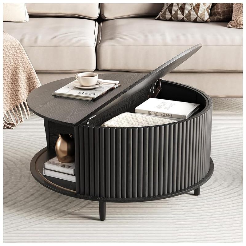 Mesa de centro moderna de mediados de siglo con almacenamiento - Mesa de centro de 80 cm (31,5") con puerta corrediza de nogal para espacios pequeños