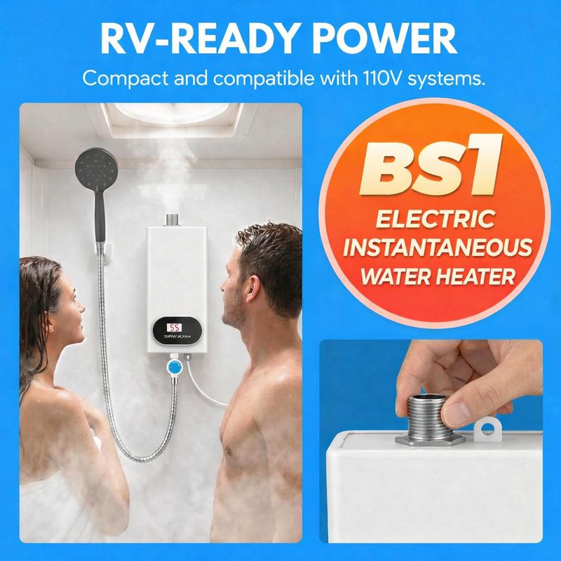 Calentador de agua eléctrico instantáneo de 3500 W con cabezal de ducha y pantalla LCD. Agua caliente instantánea. Fácil instalación para baños, cocinas y caravanas. Electrodomésticos de acero inoxidable blanco. #SummerVibes