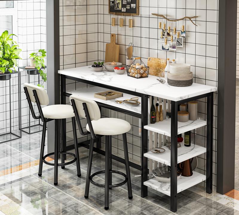Juego de 3 mesas y sillas de bar AWQM, mesa moderna de imitación mármol blanco con 2 taburetes de bar con cojines de PU, mostrador de cocina con estantes de almacenamiento de 3 niveles, mesa que ahorra espacio para el hogar y la cocina, marco negro, juego