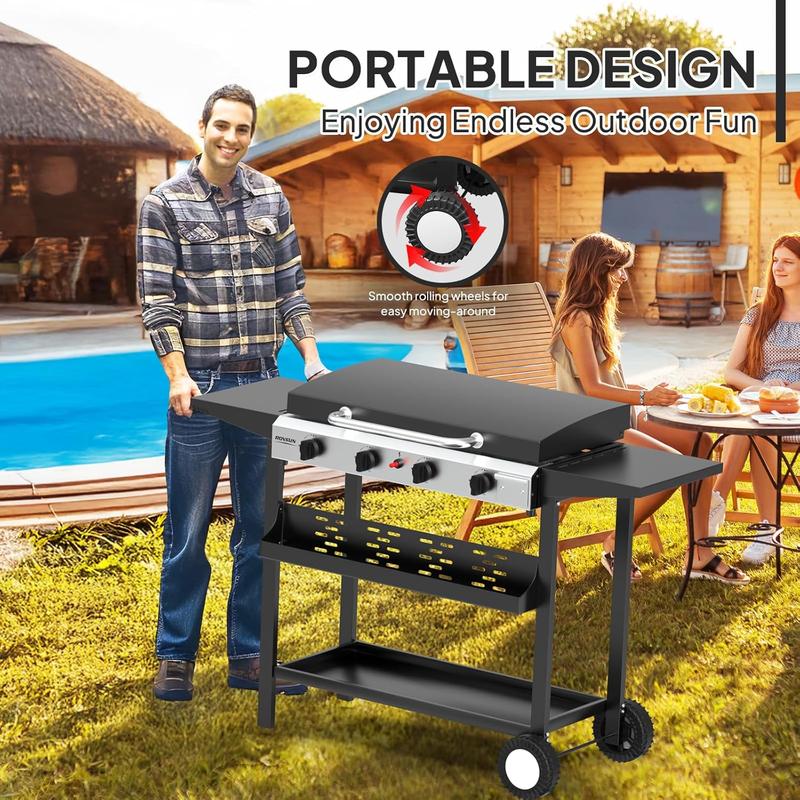 Plancha portátil de propano ROVSUN de 2/4 quemadores con bandeja y tapa esmaltadas, parrilla de gas plana rodante de 20000/40000 BTU con encendido electrónico, estantes laterales y regulador para cocinar al aire libre, acampar, barbacoas y eventos veranie