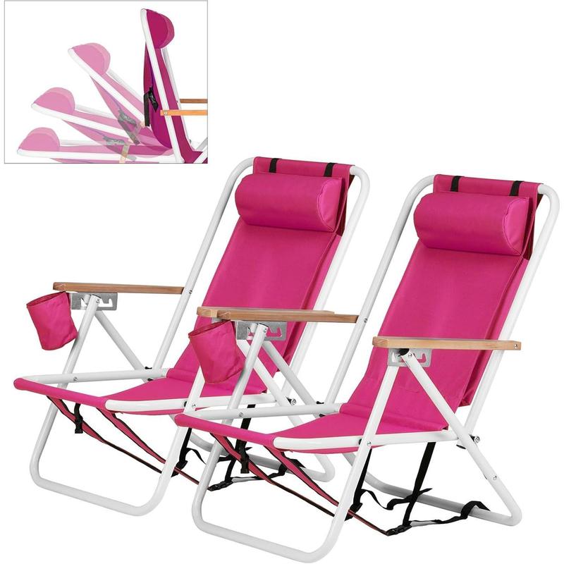 Outvita 2 sillas de playa plegables con reposacabezas ajustable y 4 ángulos de inclinación flexibles, portavasos, portátiles, de tela resistente y lavable, ideales para arena, camping, césped, conciertos, viajes y festivales de verano.