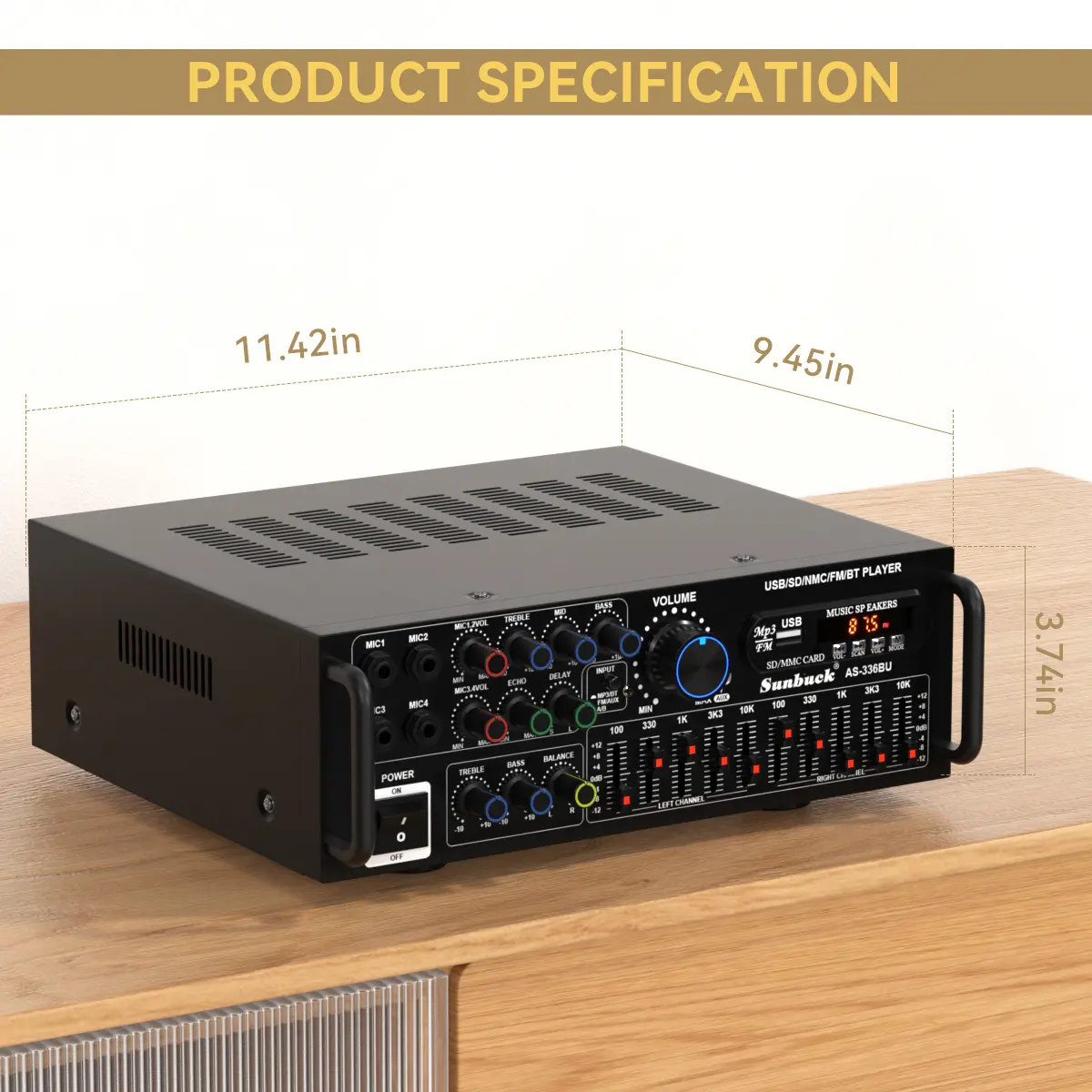 Amplificador de potencia estéreo HiFi Bluetooth 5.0 con mando a distancia y 4 entradas de micrófono; compatible con uso doméstico y en coche; funciones de mezclador, radio, subwoofer y audio para smartphones; universal, con karaoke, FM, USB, SD y AUX.