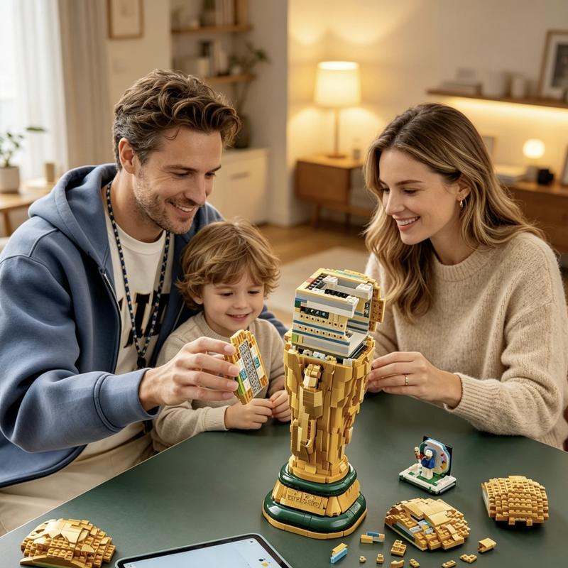 Set oficial para construir trofeos - Kit para exhibir en el dormitorio, la oficina en casa o la estantería - Artículo de colección para aficionados al fútbol - Incluye minifigura de 2026 - Regalo para aficionados