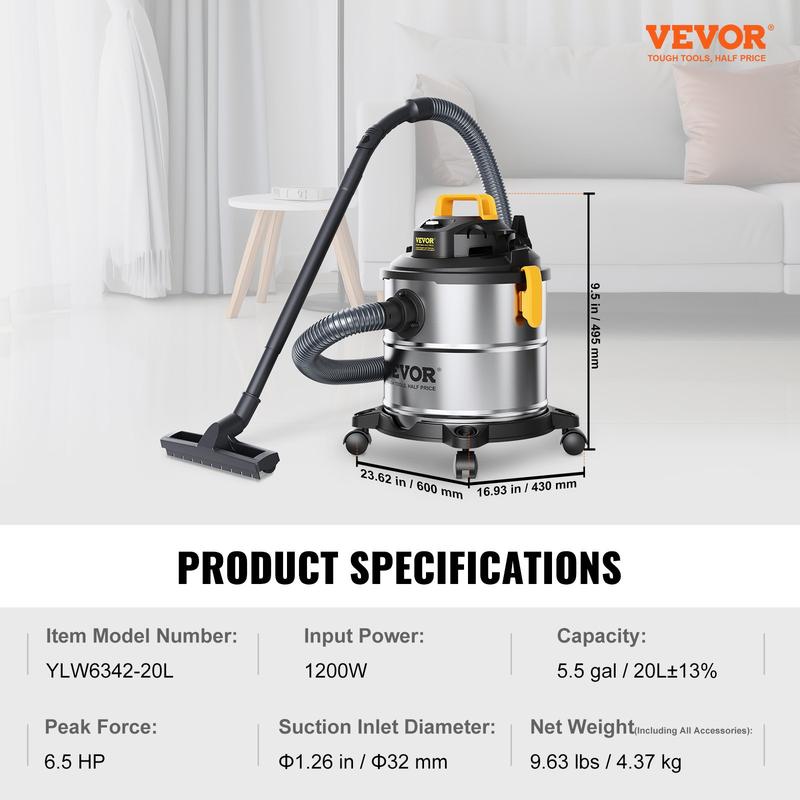 Aspiradora VEVOR para sólidos y líquidos, capacidad máxima de 8 galones, 6 HP de potencia máxima, 3 en 1, con función de soplado, portátil con accesorios para limpiar pisos, tapicería y espacios. Certificación ETL. Aspiradora de alta potencia con potente