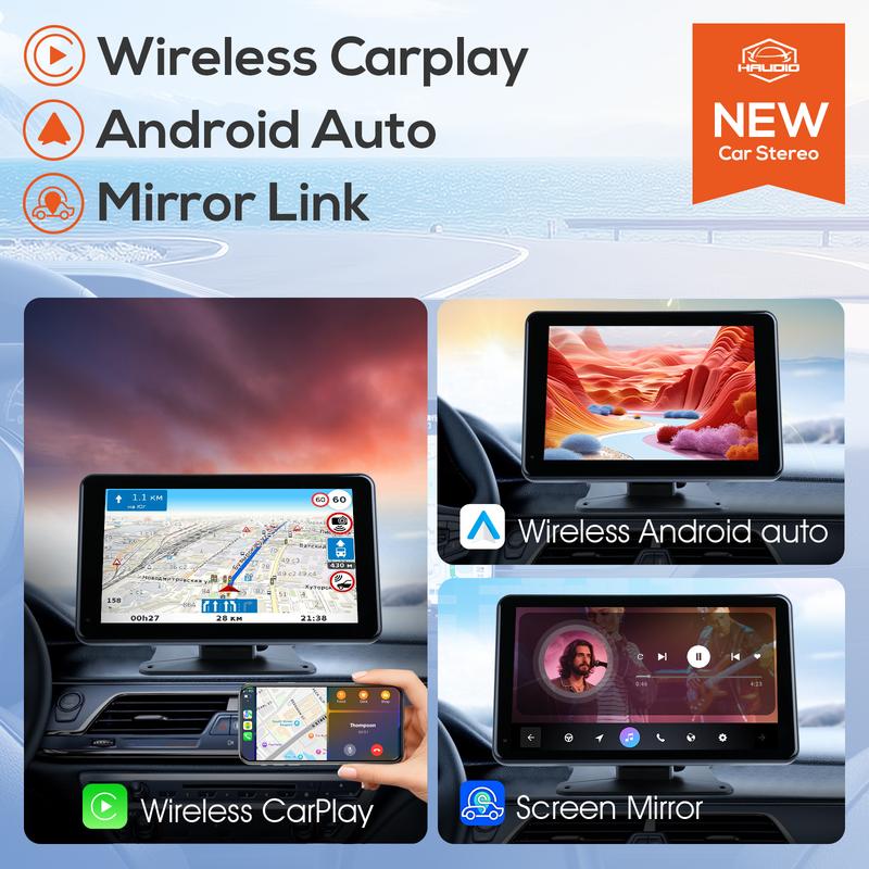 Autoestéreo inalámbrico Apple CarPlay y Android Auto de 7" (modelo 2026), pantalla táctil HD de 7", cámara de reversa, control por voz y radio FM – Ajuste universal.