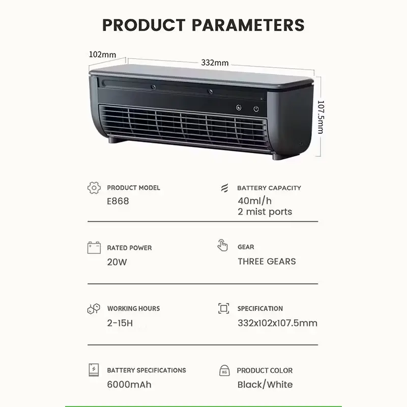 Mini ventilador de aire acondicionado de 6000 mAh y 3 velocidades