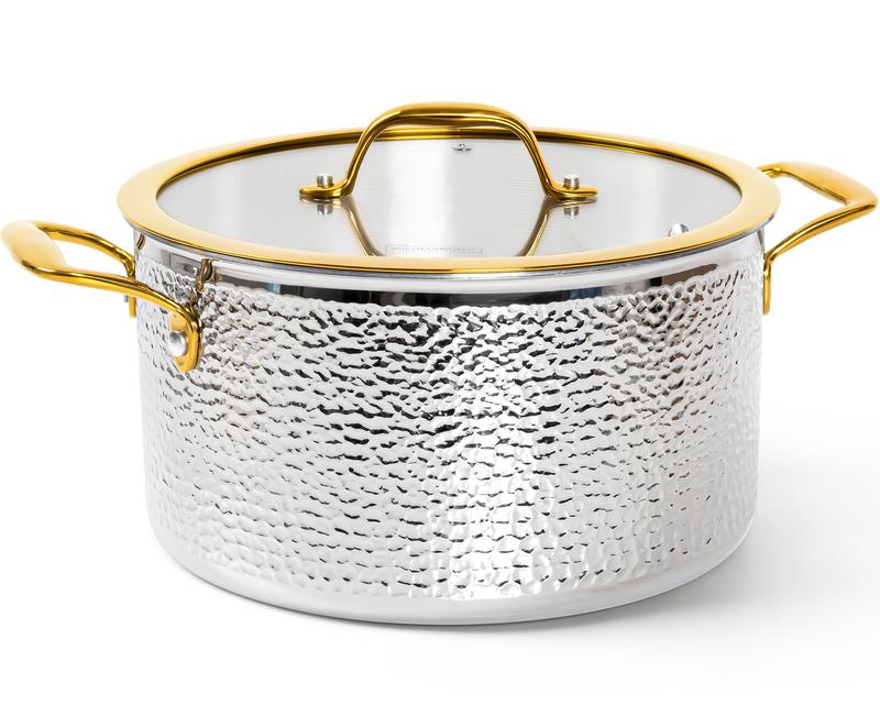 Juego de utensilios de cocina Michelangelo de 10 piezas de acero inoxidable triple, ollas y sartenes martilladas 18/10, elegantes cacerolas con asas doradas, tapas, apto para inducción, fácil de limpiar.