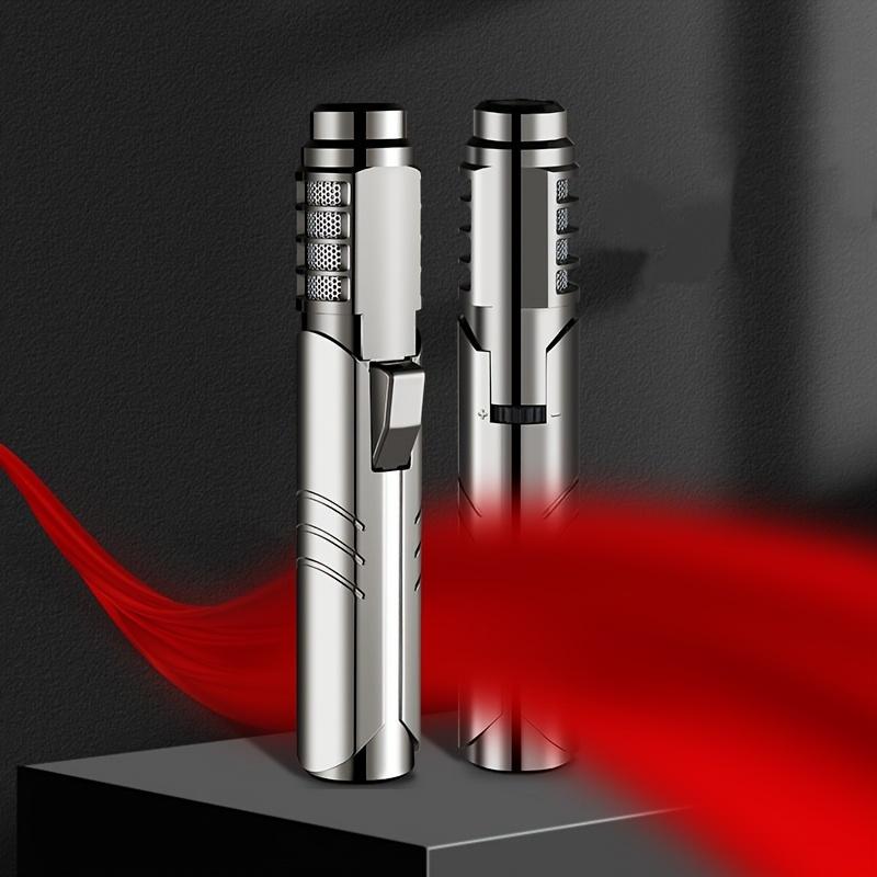 Encendedor de gas butano en pistola de metal de alta temperatura de 1800°, resistente al viento, azul, portátil, con control de llama ajustable, set de regalo para hombre con caja de regalo para soldadura al aire libre y camping (gas butano no incluido).