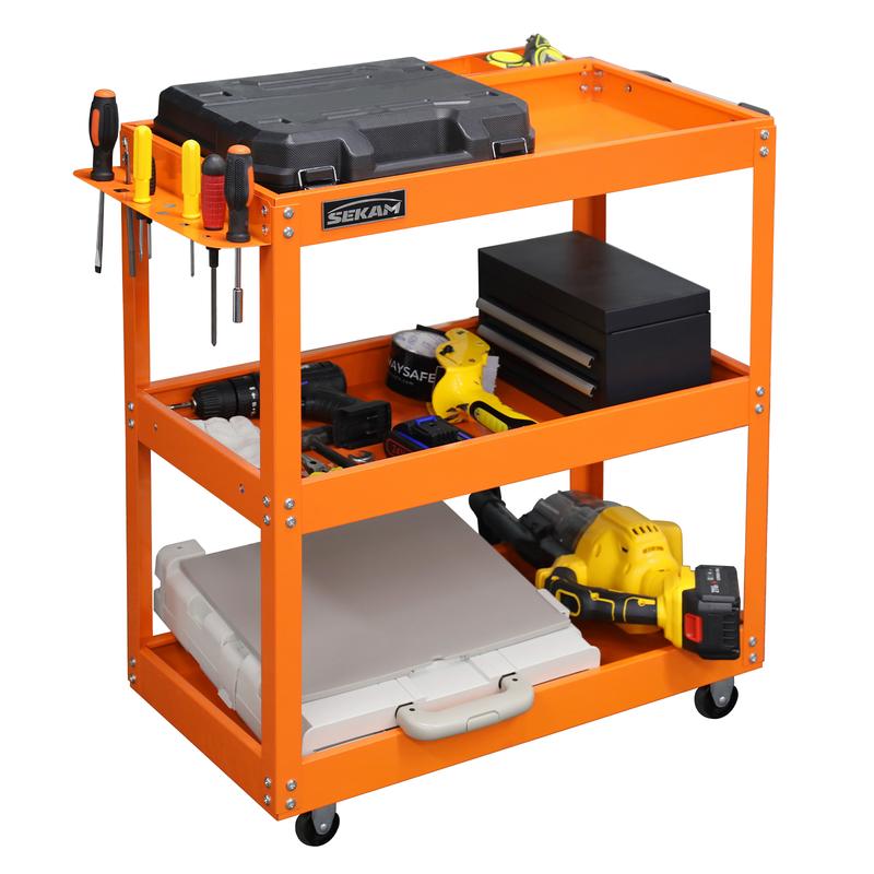 Carro utilitario metálico SEKAM de alta resistencia con capacidad para 150 kg (330 lbs) y base rodante de 4 ruedas. Carro de trabajo para garaje, almacén, taller y almacenamiento de herramientas para uso industrial.