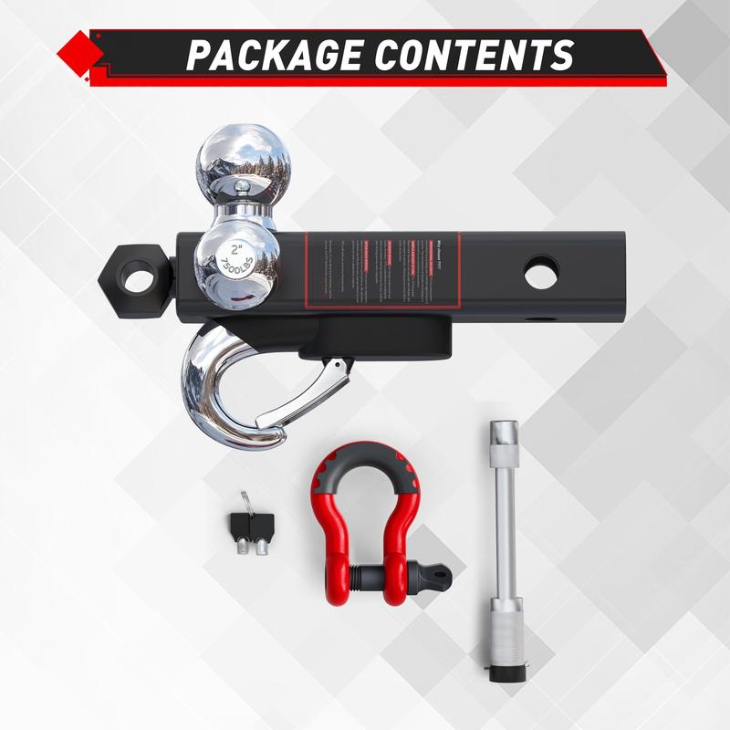 Enganche de remolque TYT ajustable de alta resistencia con tres bolas, compatible con receptores de 2 pulgadas, tres bolas (1-7/8", 2", 2-5/16"), soporte de bola sólido con gancho y grillete de remolque, pasador de bloqueo antirrobo, capacidad de carga to