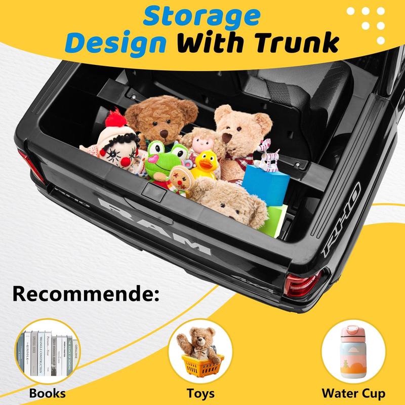 Primer coche eléctrico infantil Dodge RAM 1500 con control remoto, suspensión en las 4 ruedas, cinturón de seguridad de 5 puntos, Bluetooth MP3, luces LED, juguete eléctrico para niños de 3 a 6 años, el mejor regalo de Navidad para niños, Black Friday