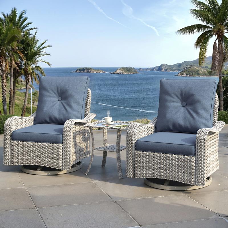 Conjunto moderno de muebles de exterior de mimbre de 3 piezas: sillas de exterior mecedoras de respaldo alto con asiento profundo y cojines de 10 cm, mesa auxiliar resistente a la decoloración, ratán PE resistente a la intemperie para jardín, patio traser