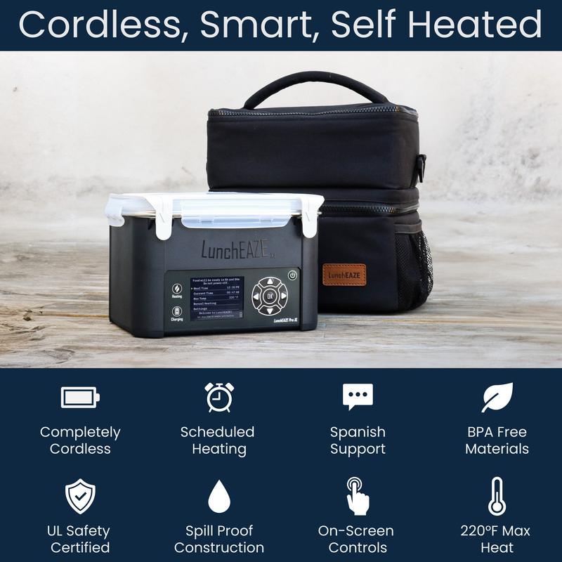 Fiambrera térmica inalámbrica – Funciona con pilas, capacidad para 6 tazas, temperatura máxima de 104 °C (220 °F), calentamiento automático programable, bolsa isotérmica incluida.