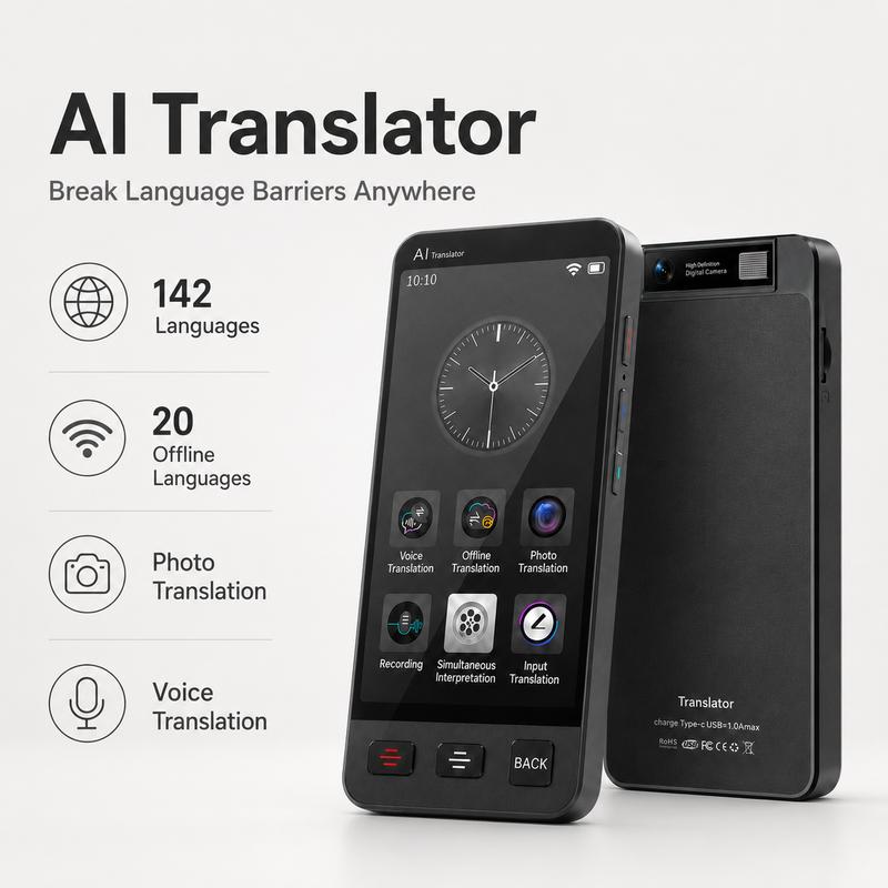 TryTalk AI es un dispositivo traductor bidireccional portátil y compacto con un diccionario electrónico inteligente con pantalla táctil (con memoria), la aplicación ChatGPT, compatibilidad con 142 idiomas (19 sin conexión), traducción de voz/imagen/texto 