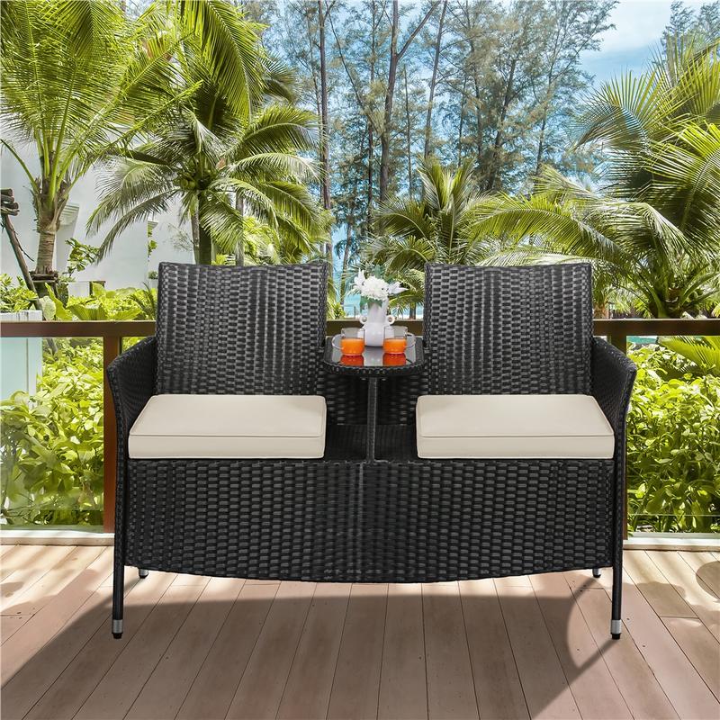 Conjunto de muebles de patio Yaheetech de 3 piezas, conjunto de muebles de ratán para exteriores, 2 sillas con cojines y 1 mesa auxiliar para bistró/porche/jardín/terraza/patio, decoración del hogar, artículos esenciales para acampar.
