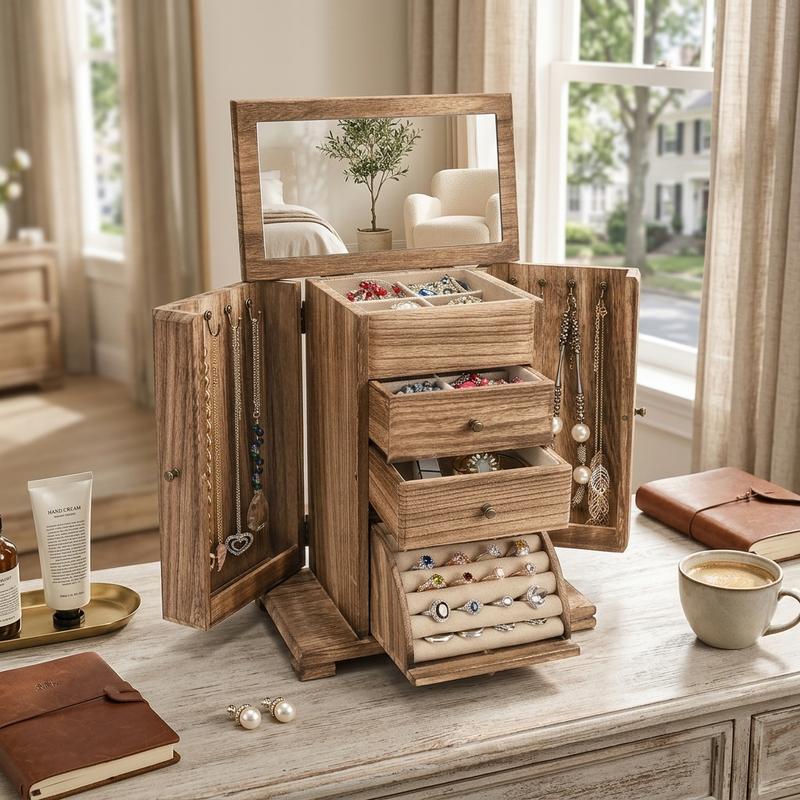 Caja de joyería Emfogo para mujer, cajas y organizadores de joyería de madera rústica con espejo, caja organizadora de joyería de 4 niveles para anillos, pendientes, collares y pulseras.