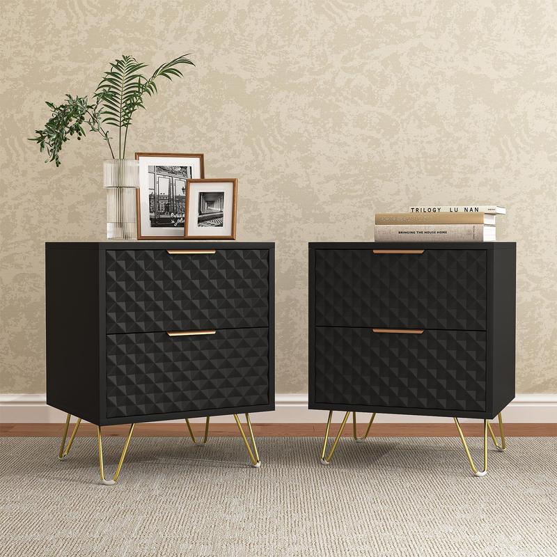 2 mesitas de noche modernas de 2 cajones - Almacenamiento para dormitorio, exquisitas y duraderas mesitas de noche con patas de metal dorado, muebles para sala de estar, muebles para habitación