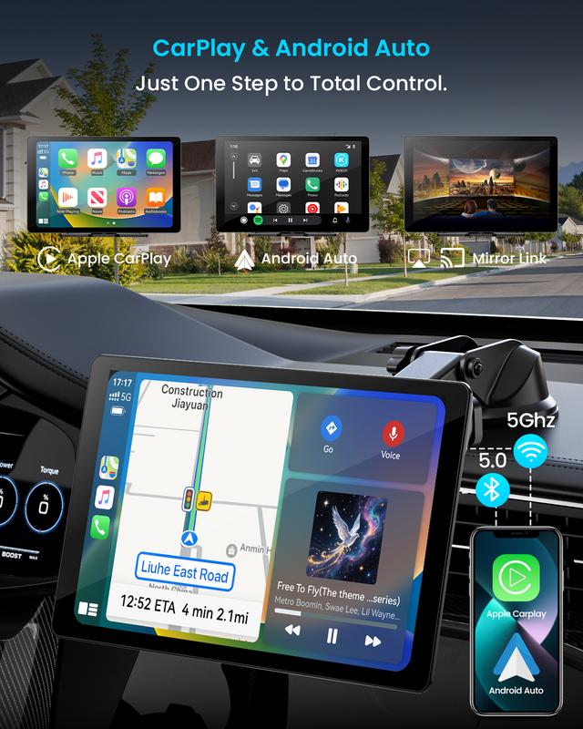 Pantalla inalámbrica extragrande de 11" con Apple CarPlay para coche – Estéreo para coche con pantalla táctil ultradelgada de 0,16 pulgadas con Android Auto, cámara de salpicadero 4K, cámara de marcha atrás 1080p, GPS, Mirror Link, control por voz, tarjet