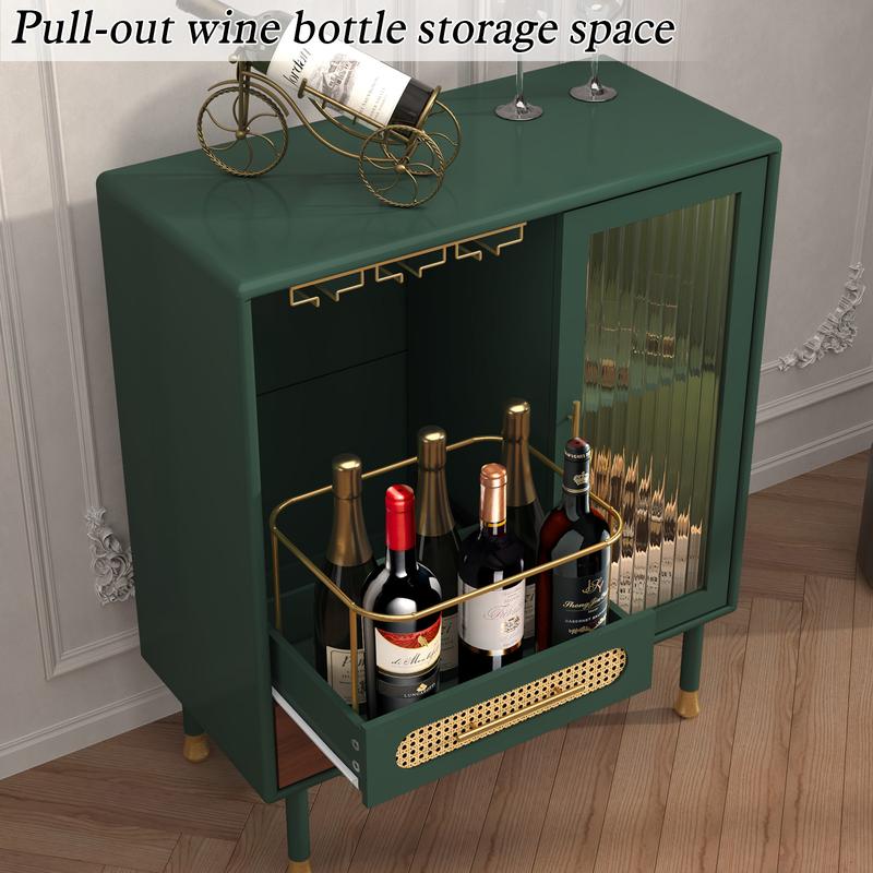Mueble bar HLR verde esmeralda con detalles dorados, detalles de ratán, almacenamiento de doble zona de 94 cm y cajón extraíble: muebles de estilo clásico para apartamentos, muebles para estudios, ideal para quienes disfrutan del entretenimiento en casa,