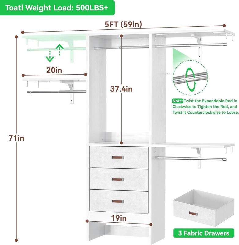 Armario vestidor Cyclysio de 152 cm de ancho con 3 compartimentos - Organizador de armario resistente de 1,5 m con cajones, barras para colgar ropa, 3 estantes y paneles ajustables, muebles para espacios pequeños, ideas de organización del hogar para habi