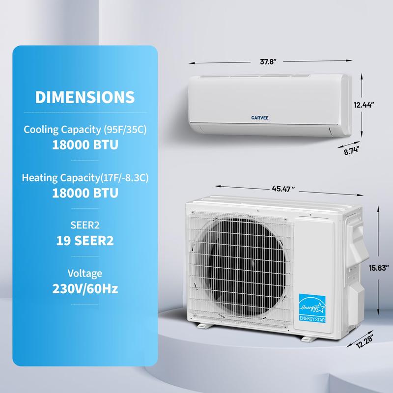 Sistema de aire acondicionado y calefacción central mini split Garvee de alta eficiencia de 18000 BTU - 19 SEER2 - 230 V - Compatible con WiFi y Alexa - Sistema de refrigeración y calefacción - Bomba de calor