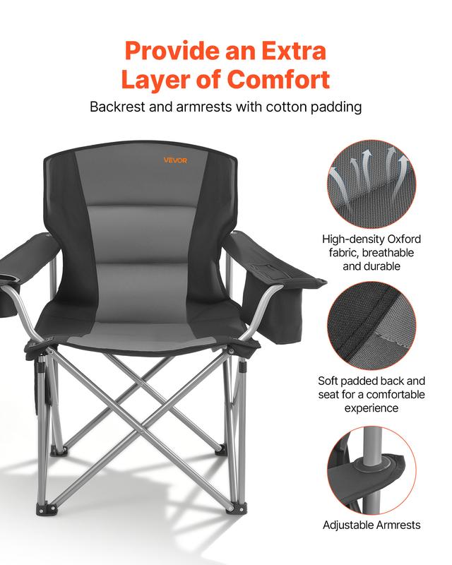 Sillas plegables extragrandes para camping VEVOR, paquete de 2, estructura metálica resistente de 204 kg, respaldo y reposabrazos acolchados de algodón resistente a la abrasión, portavasos, bolsillo lateral, bolsa térmica, bolsa de transporte para pesca a