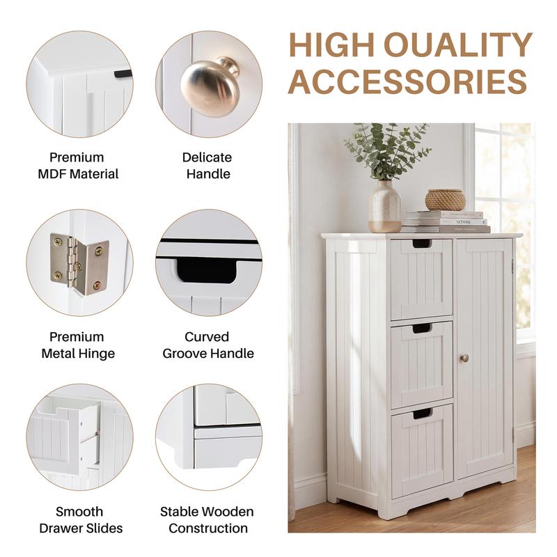 Mueble de baño moderno de madera blanca para suelo - Armarios de madera, doble cajón, organizador de almacenamiento multicompartimento con 3 cajones, 2 estantes, armarios con doble cajón