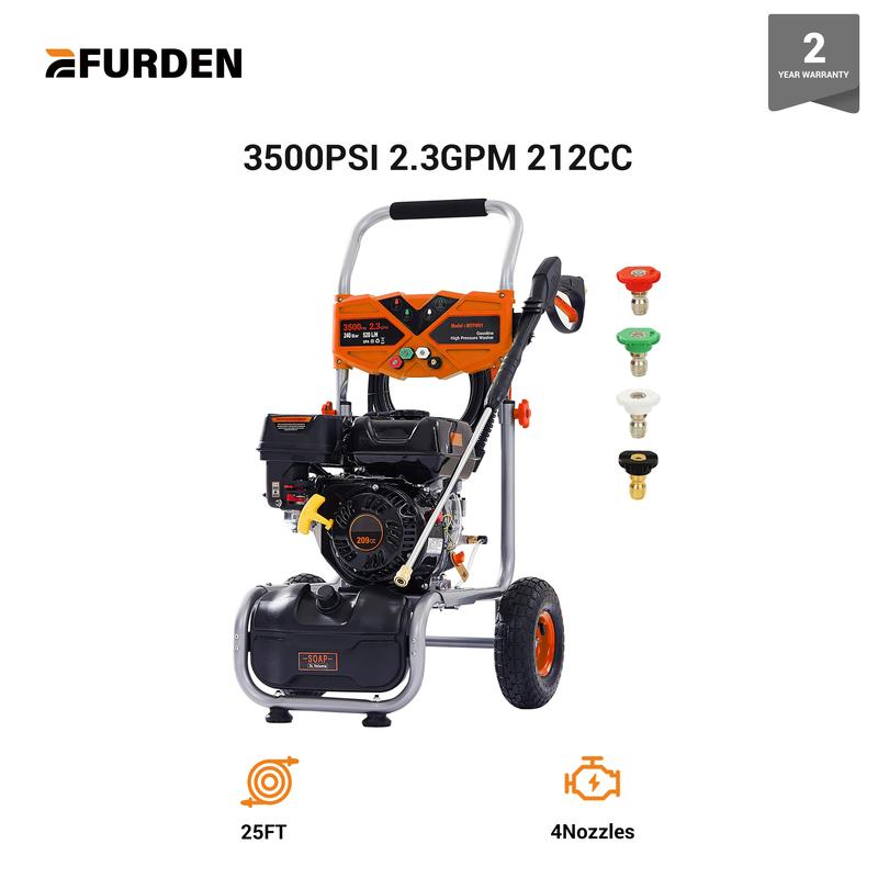 Hidrolavadora a gasolina Efurden de 3500 PSI, 2.3 GPM, de alta potencia y uso intensivo, motor de 212 cc y 7 HP con manguera de presión de 7.6 m, bomba axial de aluminio, depósito de jabón y 4 boquillas de conexión rápida.